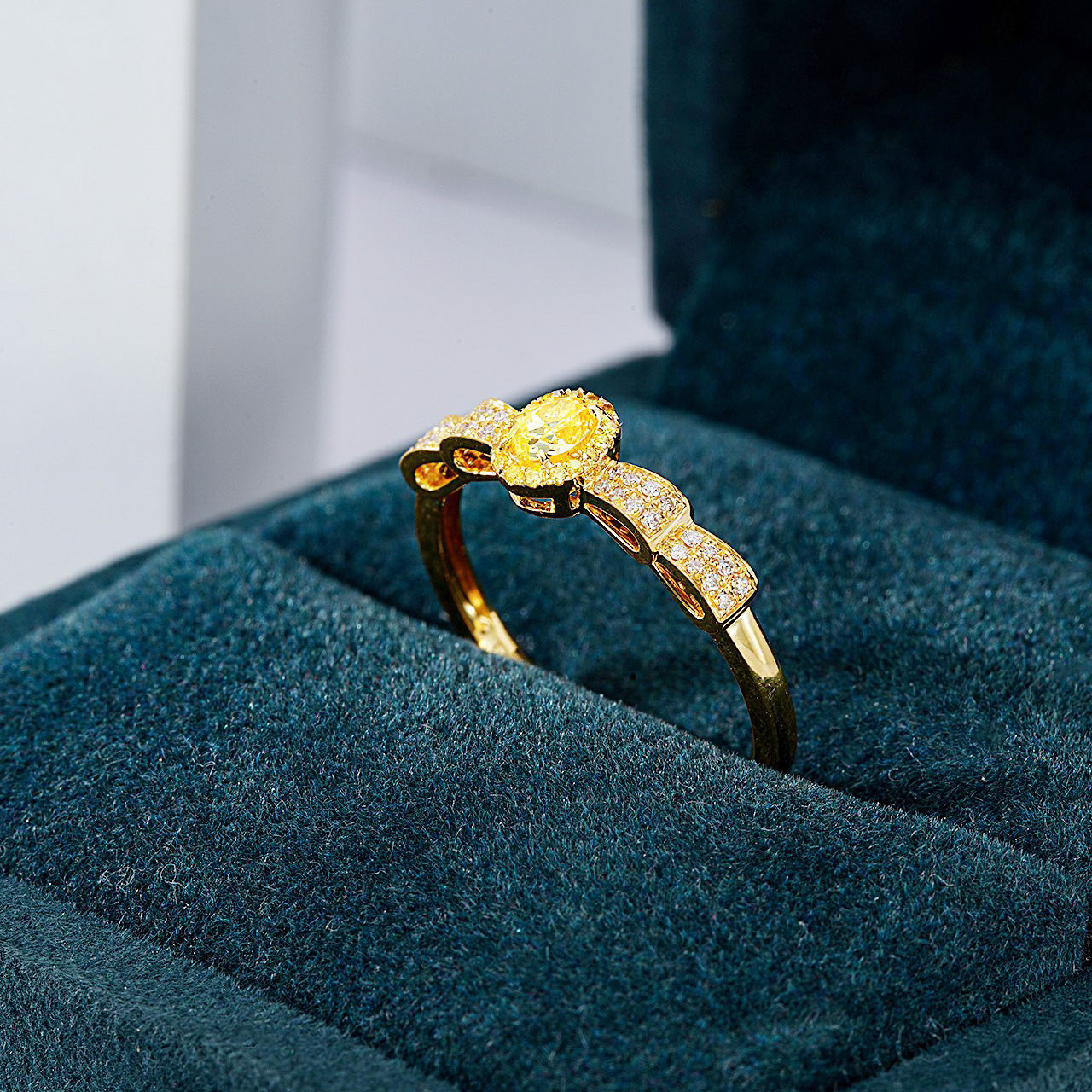 Oval Cut Yellow Diamond Vintage Engagement Ring in Yellow Gold -In-Box Display