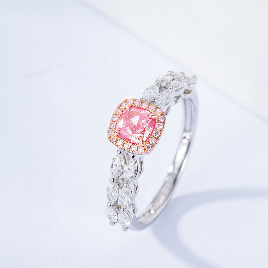 Cushion Cut Pink Diamond Halo Engagement Ring With Marquise Side Stone Setting In 18K White Gold