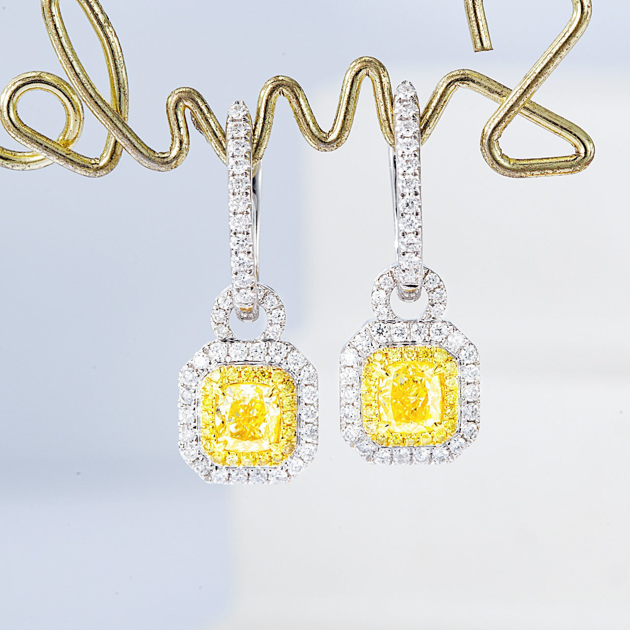 Cushion Cut Yellow Diamond Halo Drop Earrings in 18K White Gold -Front View