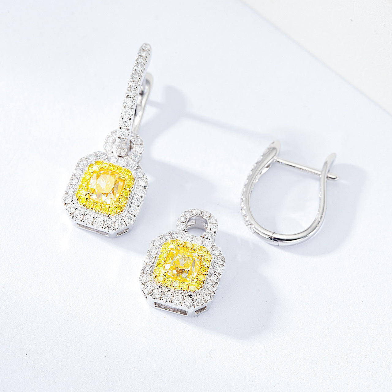 Cushion Cut Yellow Diamond Halo Drop Earrings in 18K White Gold -Side Angle