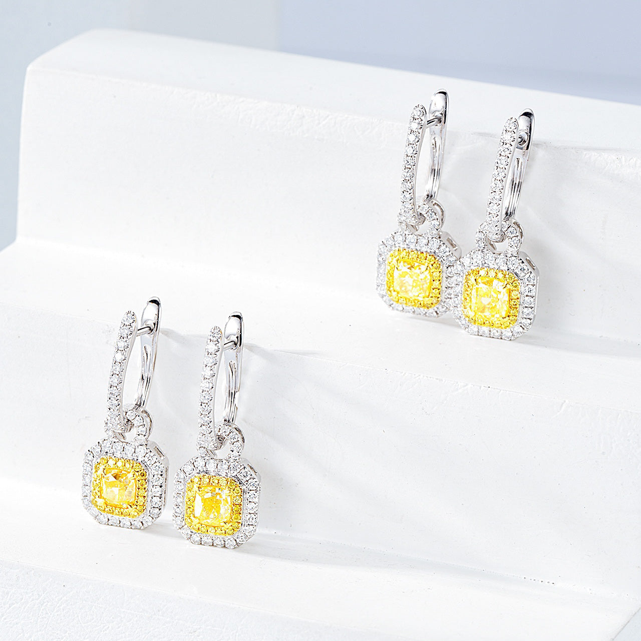 Cushion Cut Yellow Diamond Halo Drop Earrings in 18K White Gold -Top View