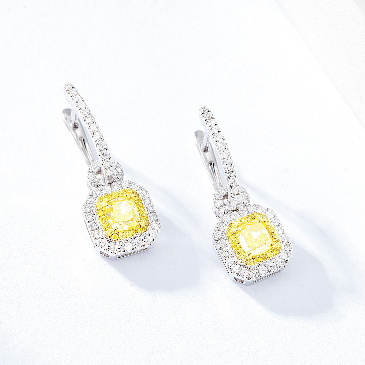 Cushion Cut Yellow Diamond Halo Drop Earrings in 18K White Gold -Perspective Close-up