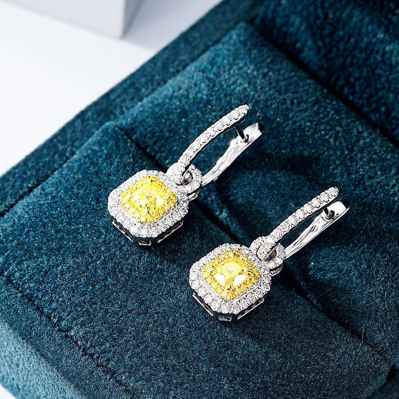 Cushion Cut Yellow Diamond Halo Drop Earrings in 18K White Gold -In-Box Display