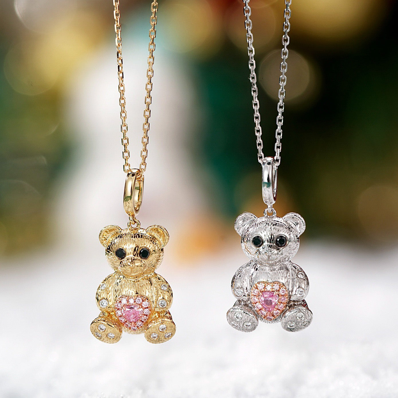 Pink Diamond Christmas Teddy Bear Pendant in 18K Gold -Front View