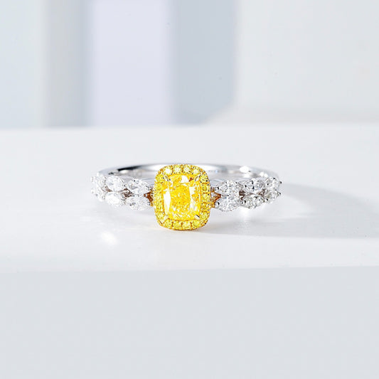 Cushion Cut Yellow Diamond Engagement Ring with Marquise Side Stone Setting