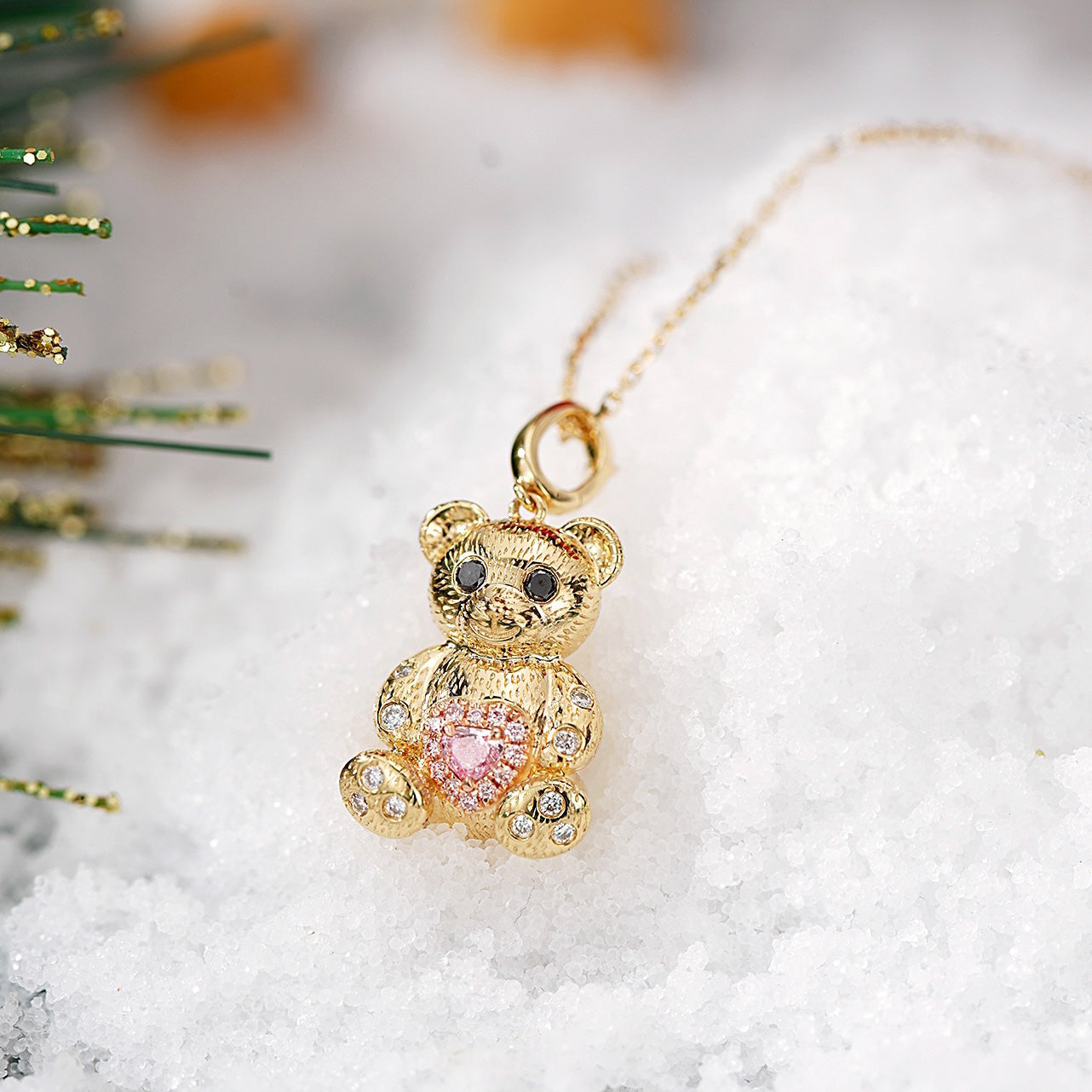 Pink Diamond Christmas Teddy Bear Pendant in 18K Gold -Side Angle