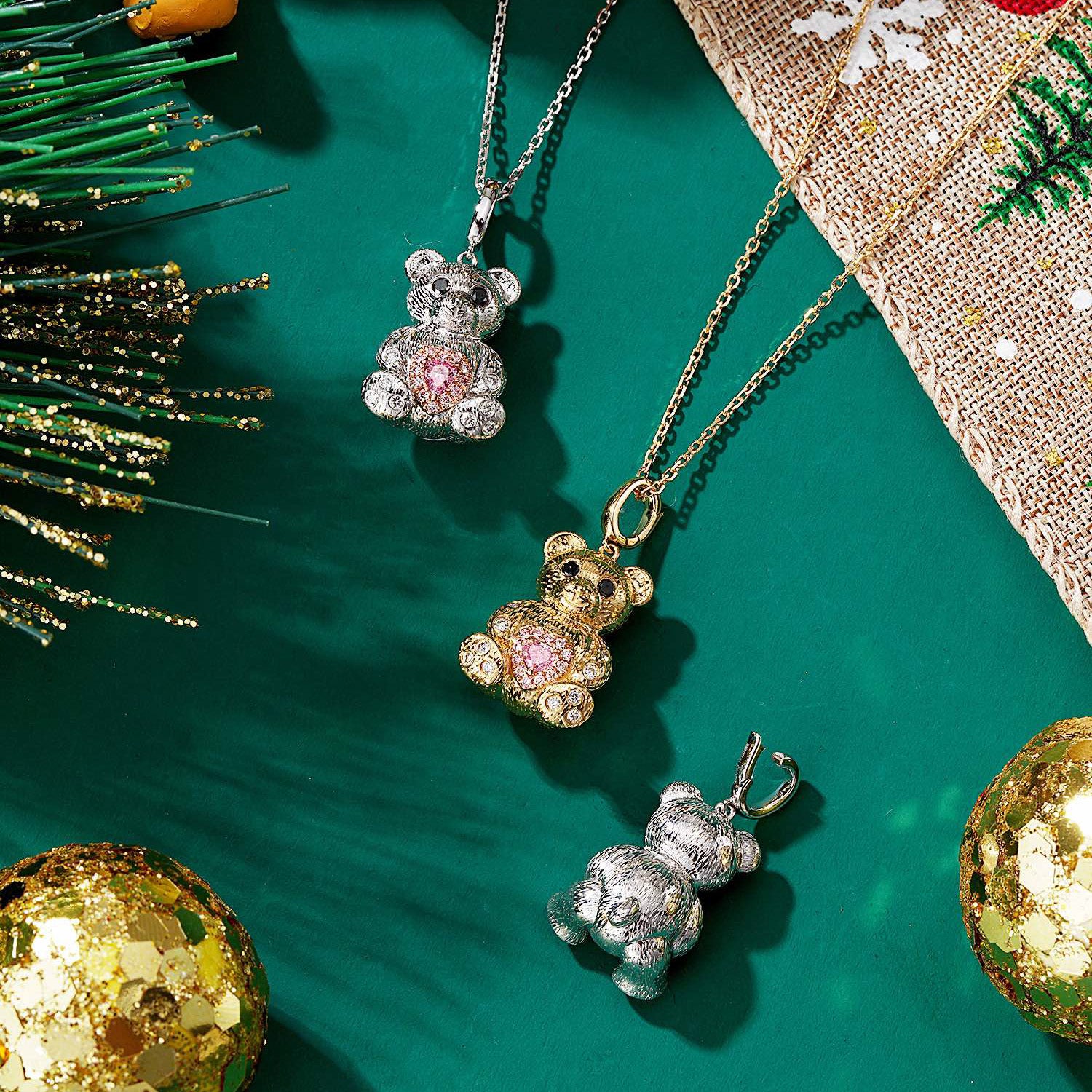 Pink Diamond Christmas Teddy Bear Pendant in 18K Gold -Top View