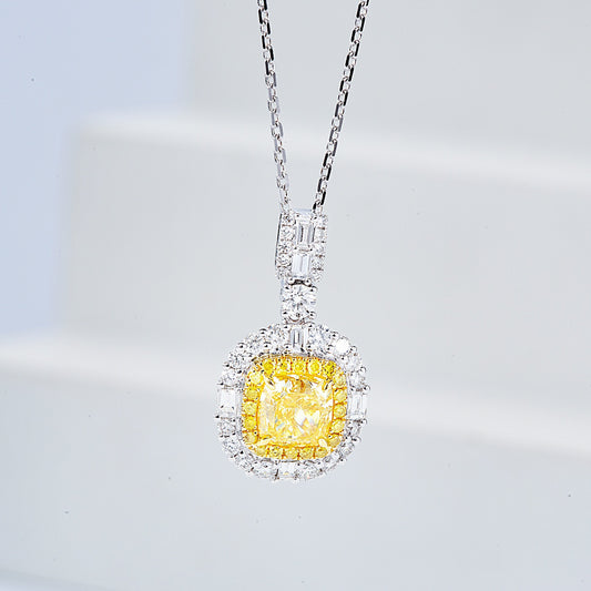 Cushion Cut Yellow Diamond Halo Pendant in 18K White Gold