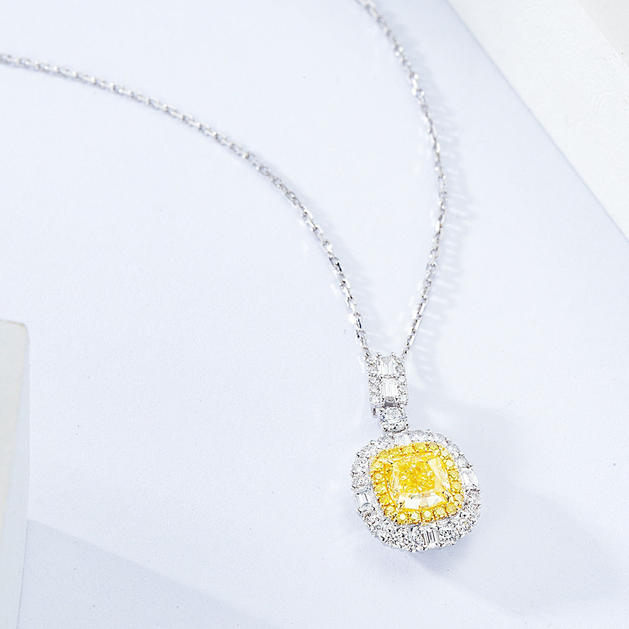 Cushion Cut Yellow Diamond Halo Pendant in 18K White Gold -Side Angle