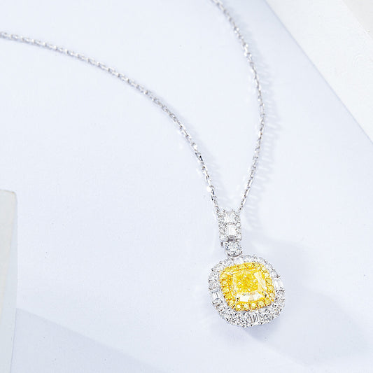 Cushion Cut Yellow Diamond Halo Pendant in 18K White Gold