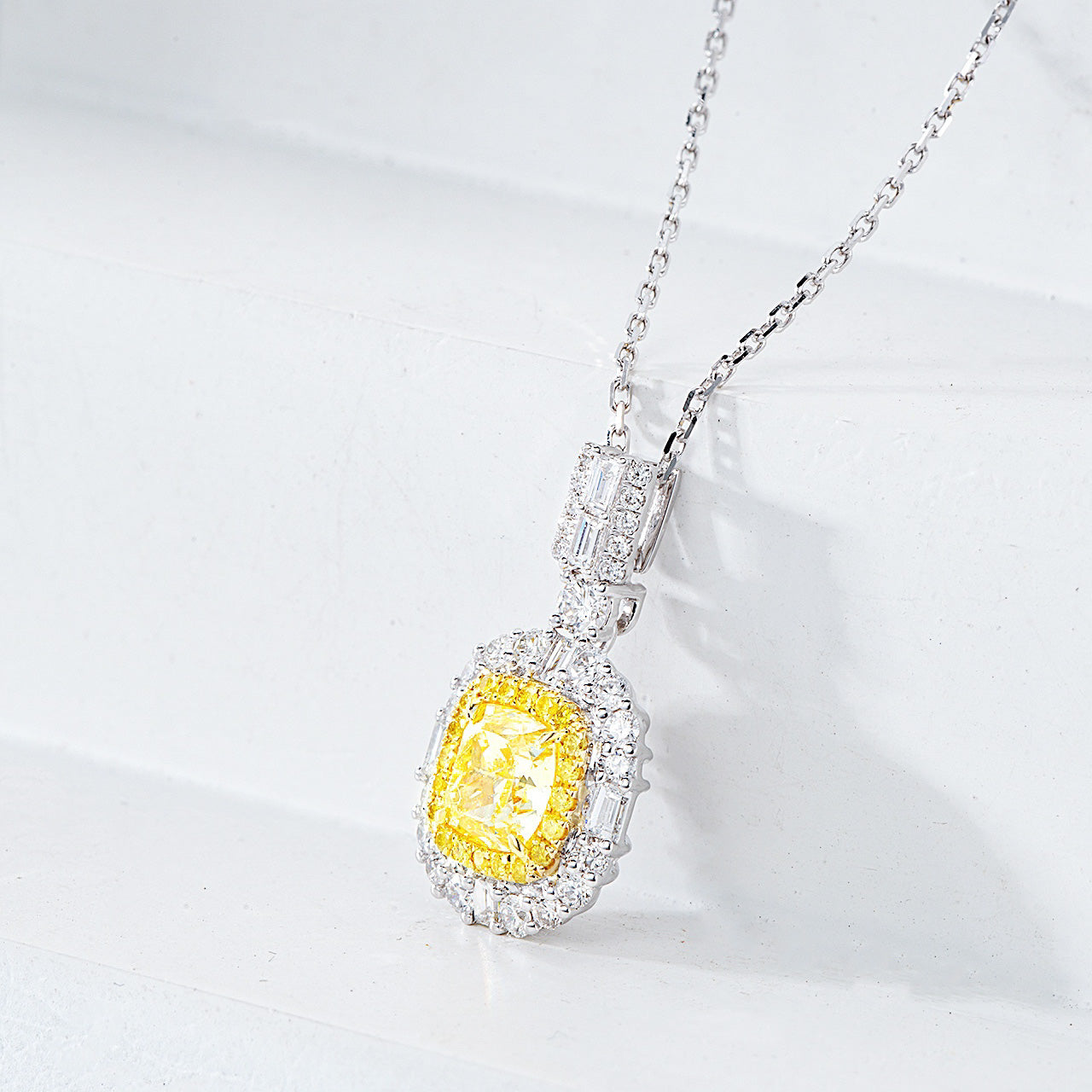 Cushion Cut Yellow Diamond Halo Pendant in 18K White Gold -Top View