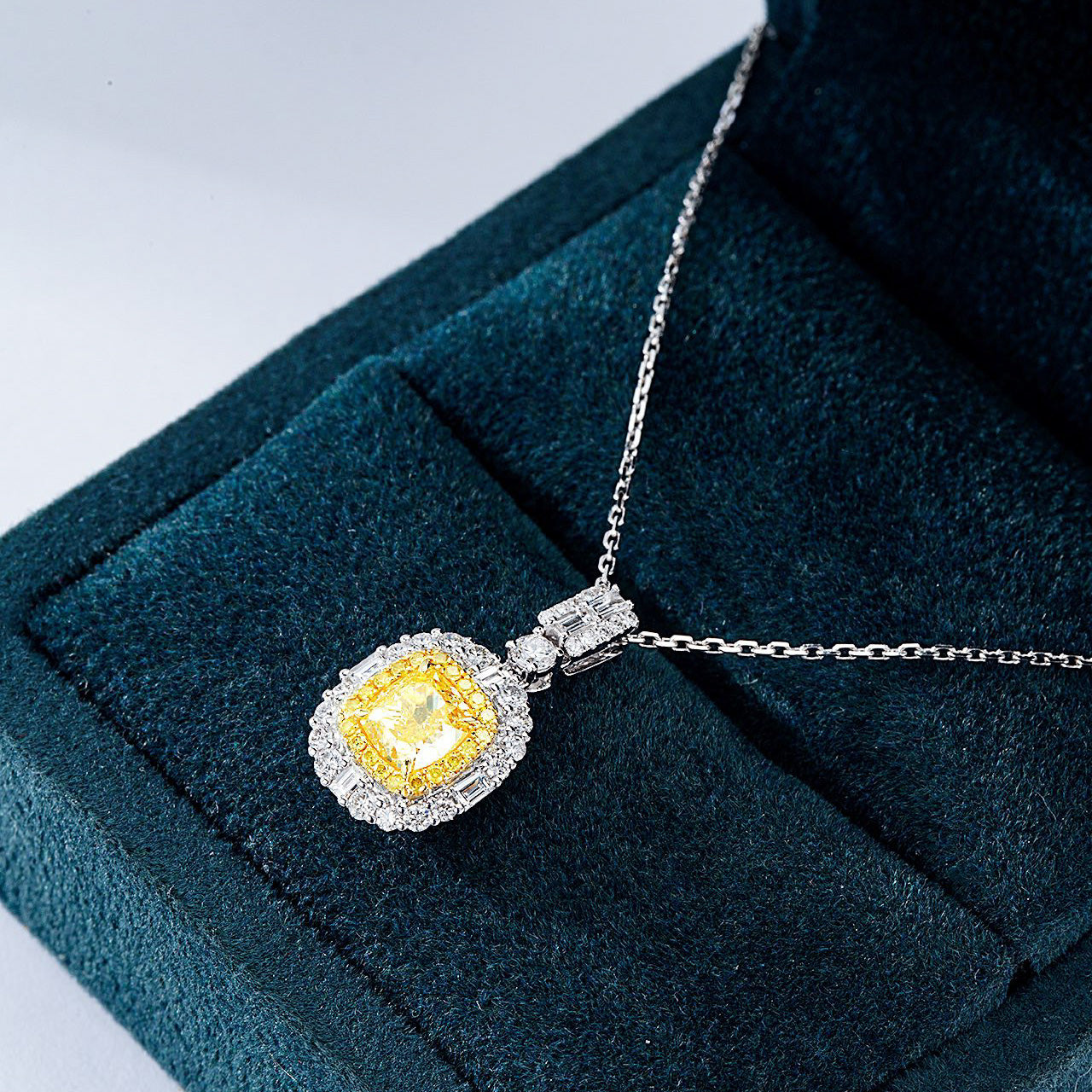 Cushion Cut Yellow Diamond Halo Pendant in 18K White Gold -In-Box Display