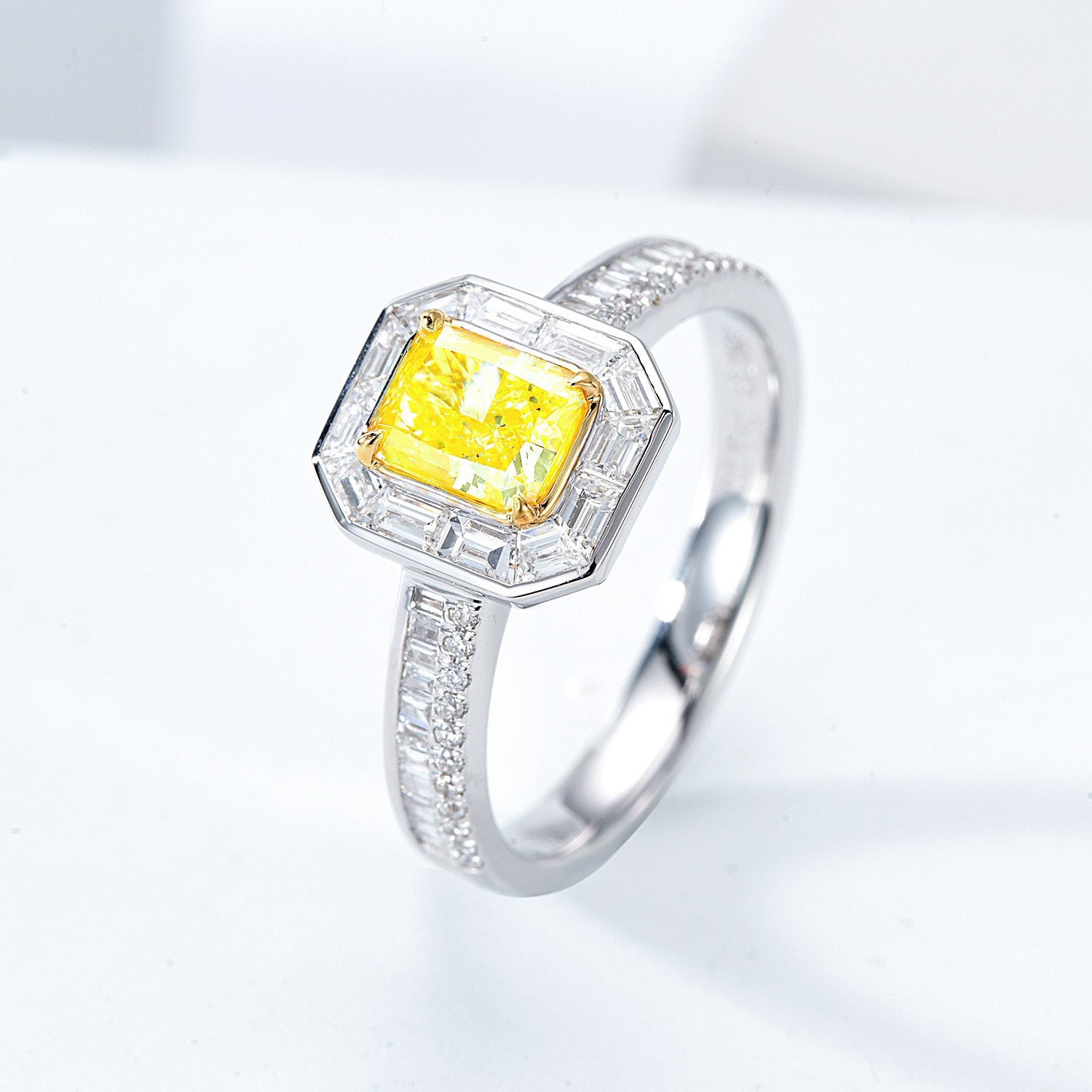 Radiant Cut Yellow Diamond Engagement Ring with Baguette Halo -Side Angle