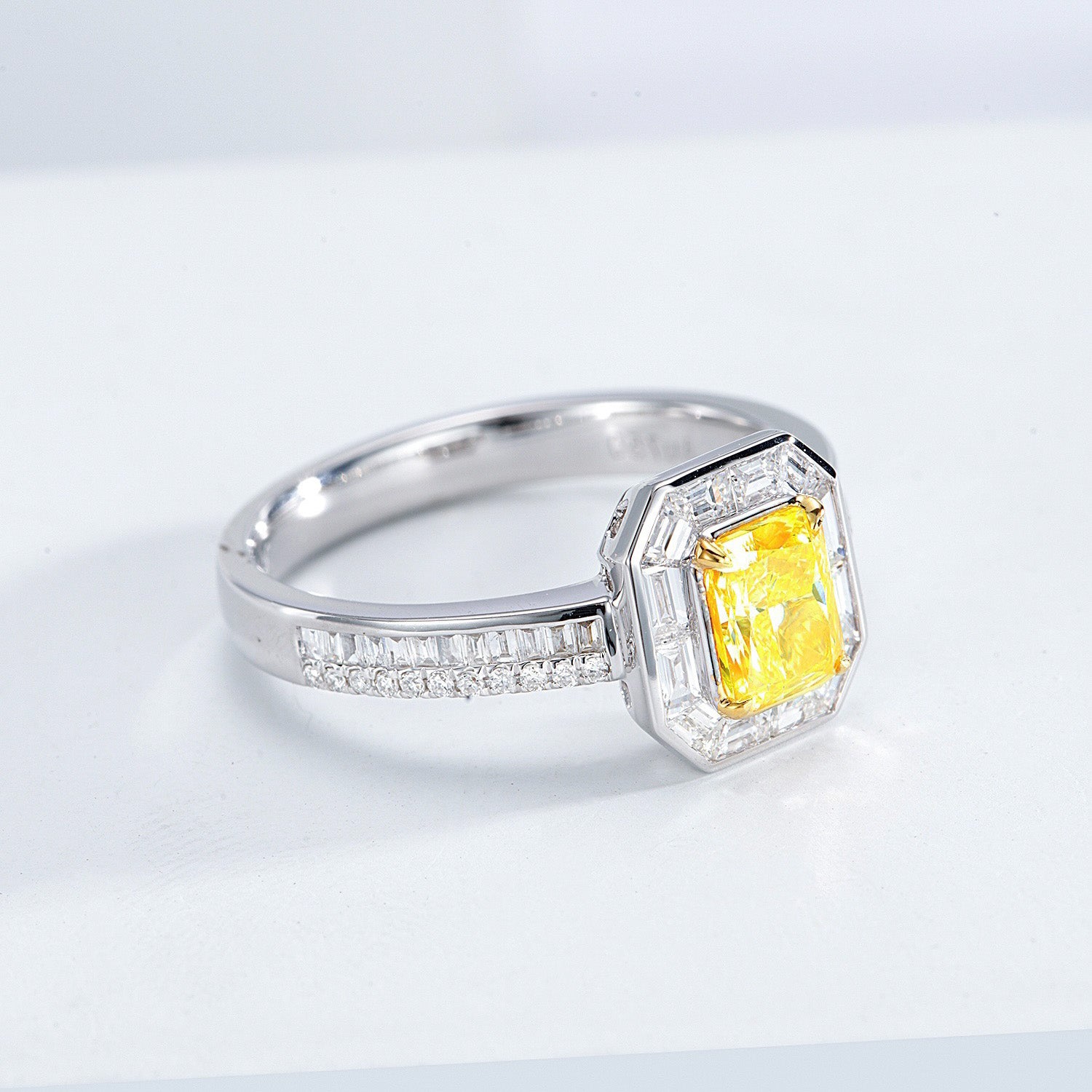 Radiant Cut Yellow Diamond Engagement Ring with Baguette Halo -Top View