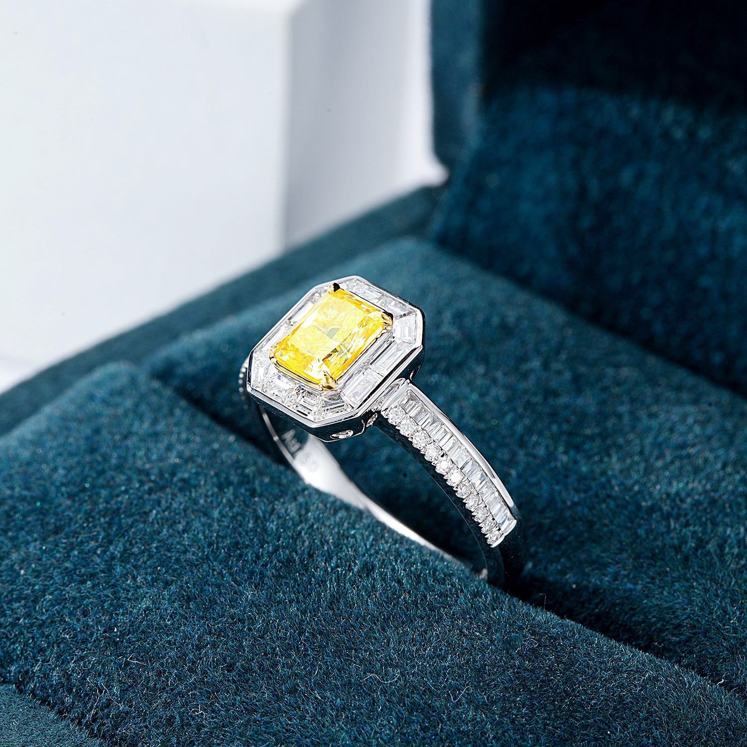 Radiant Cut Yellow Diamond Engagement Ring with Baguette Halo -In-Box Display