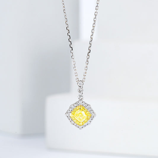 Cushion Cut Yellow Diamond Halo Pendant in 18K White Gold