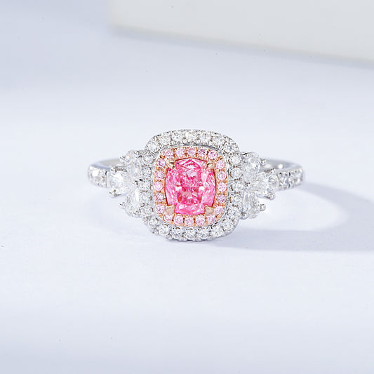 Cushion Cut Pink Diamond Engagement Ring With Pavé Halo Setting In 18K White Gold