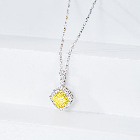 Cushion Cut Yellow Diamond Halo Pendant in 18K White Gold