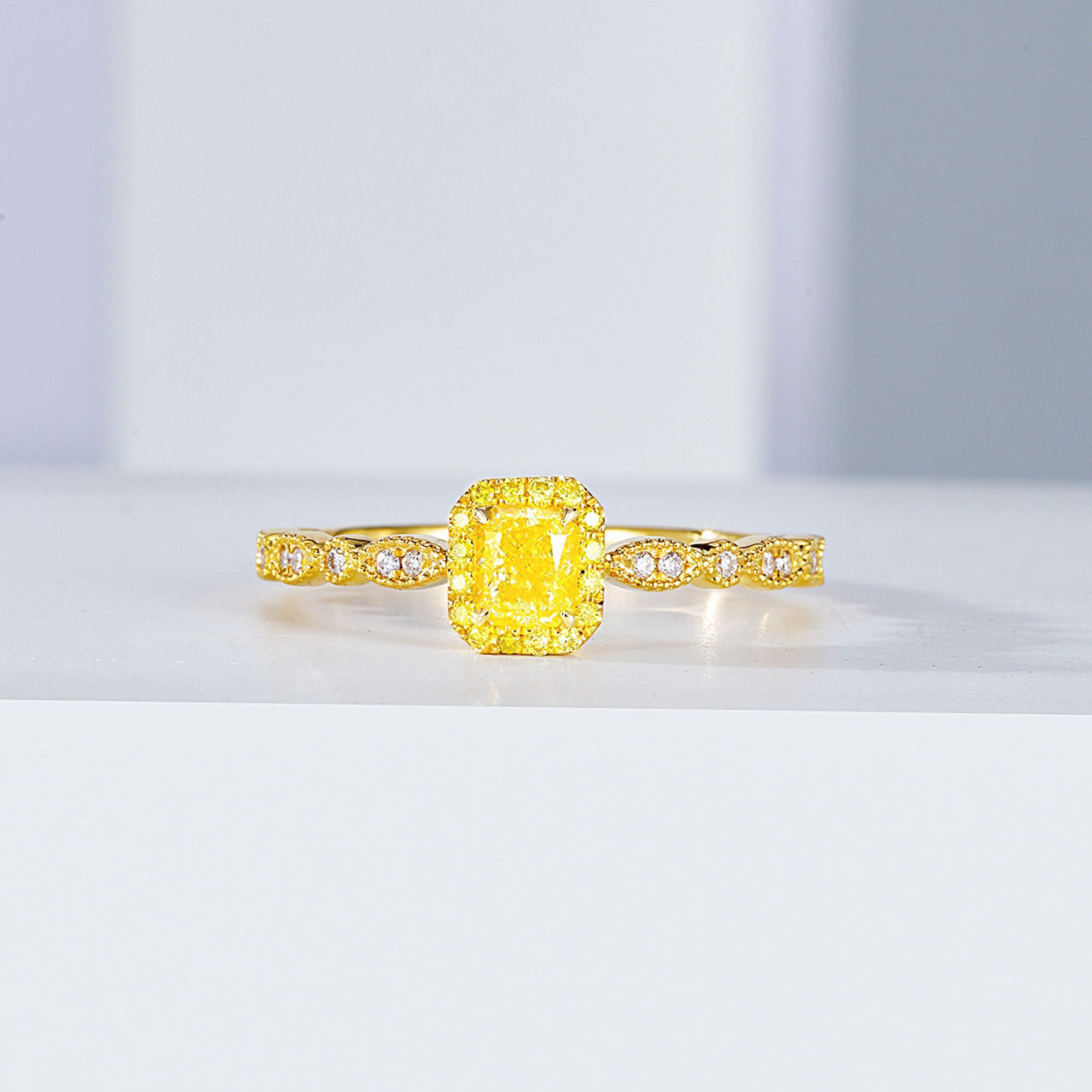 Cushion Cut Yellow Diamond Engagement Ring with Vintage Inspired Band -Front View