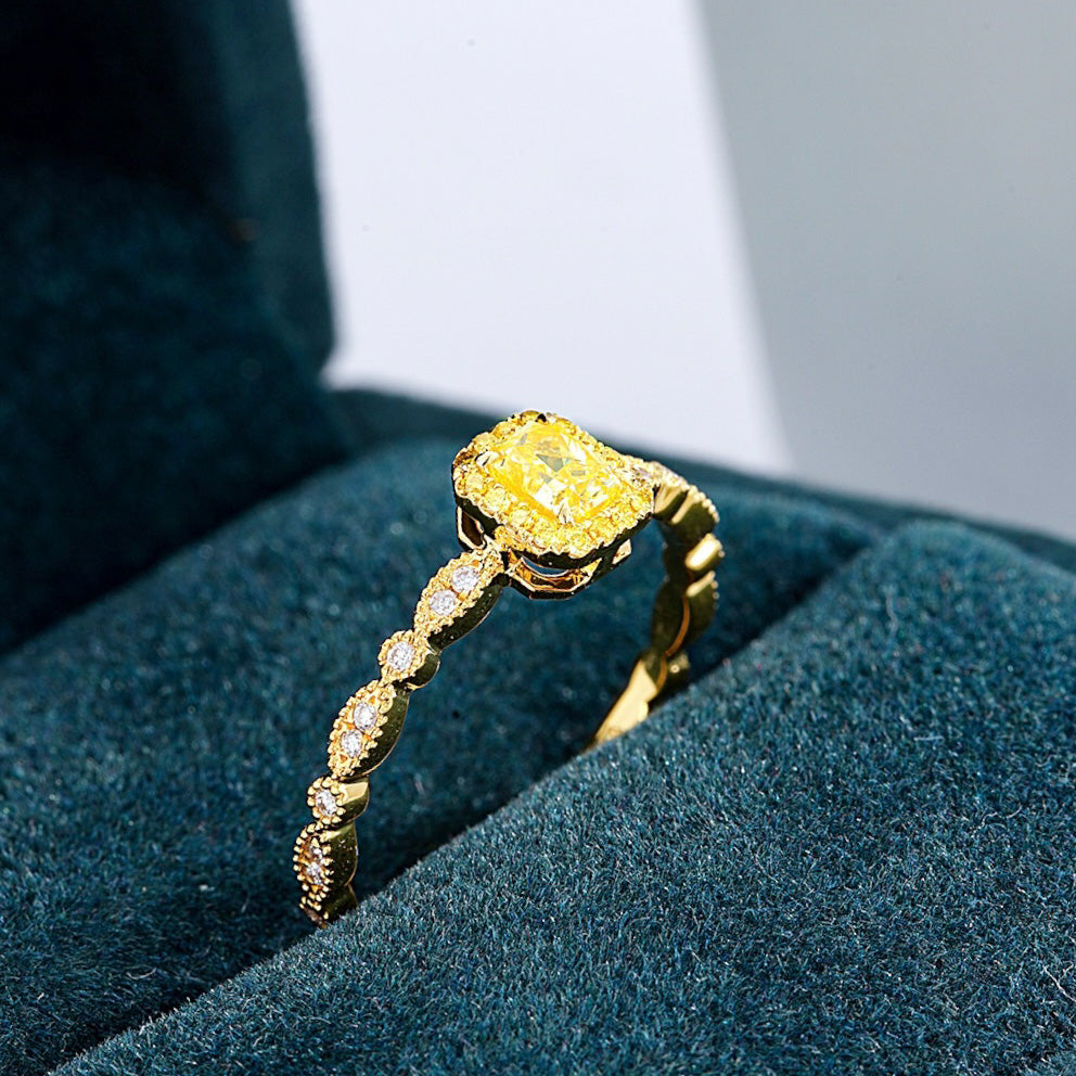 Cushion Cut Yellow Diamond Engagement Ring with Vintage Inspired Band -Perspective Close-up