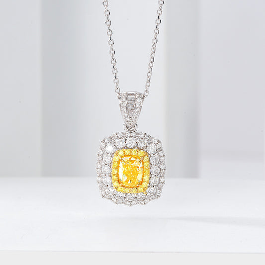 Cushion Cut Yellow Diamond Pendant with Floral Halo Setting