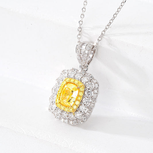 Cushion Cut Yellow Diamond Pendant with Floral Halo Setting