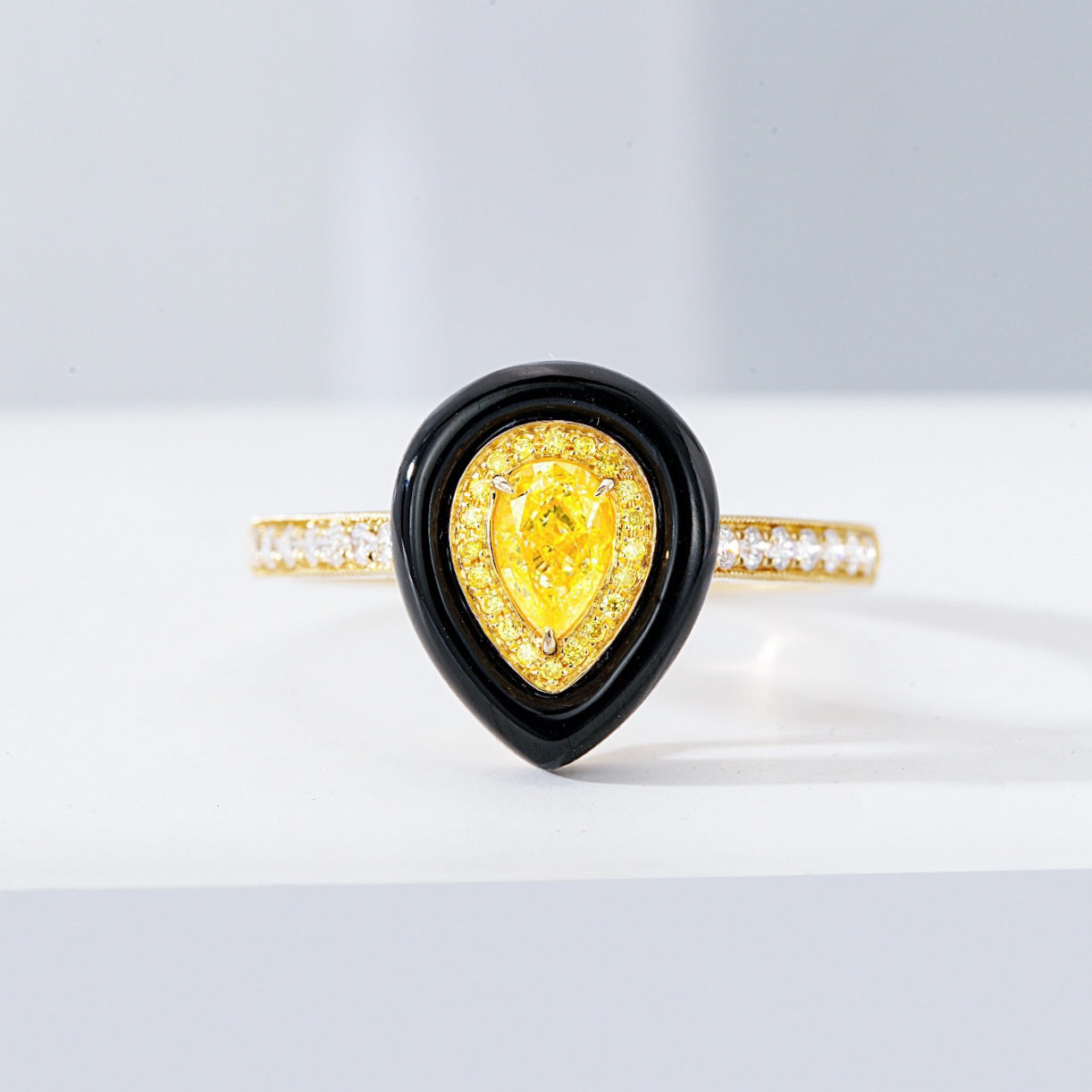 Pear Shaped Yellow Diamond Ring with Black Onyx Accent -Front View