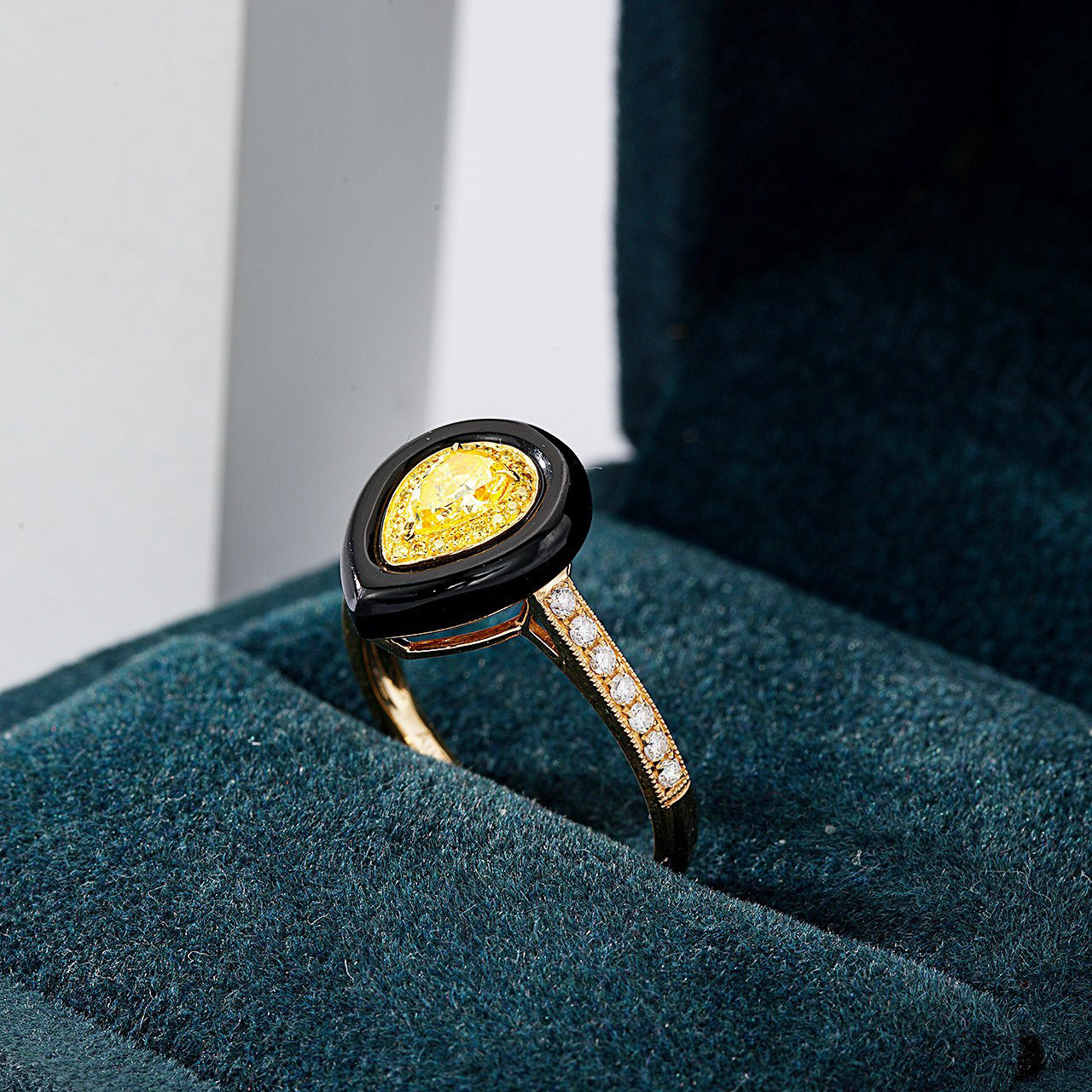 Pear Shaped Yellow Diamond Ring with Black Onyx Accent -In-Box Display