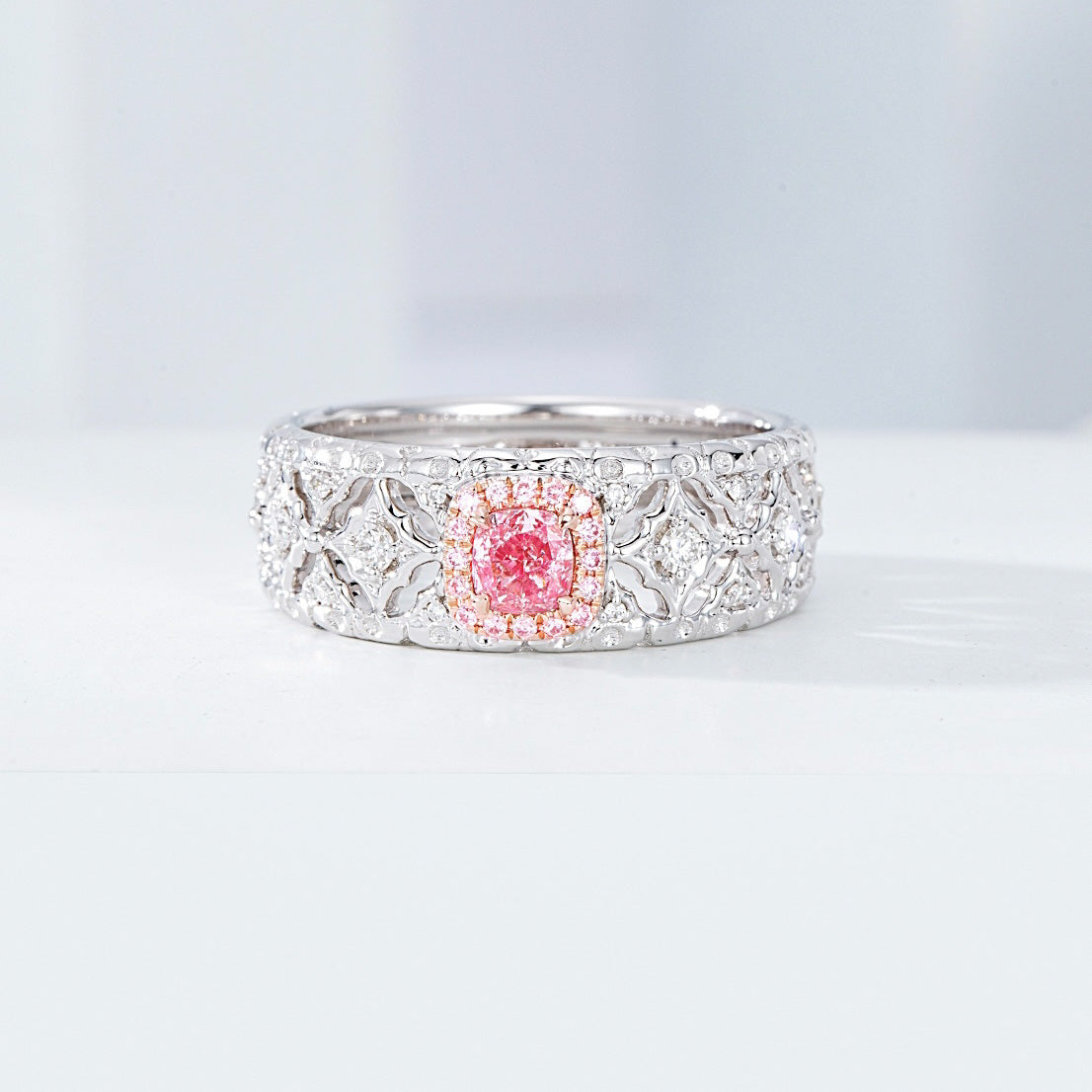 Cushion Cut Pink Diamond Vintage Inspired White Gold Band -Front View