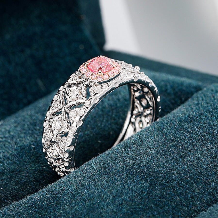 Cushion Cut Pink Diamond Vintage Inspired White Gold Band -Perspective Close-up