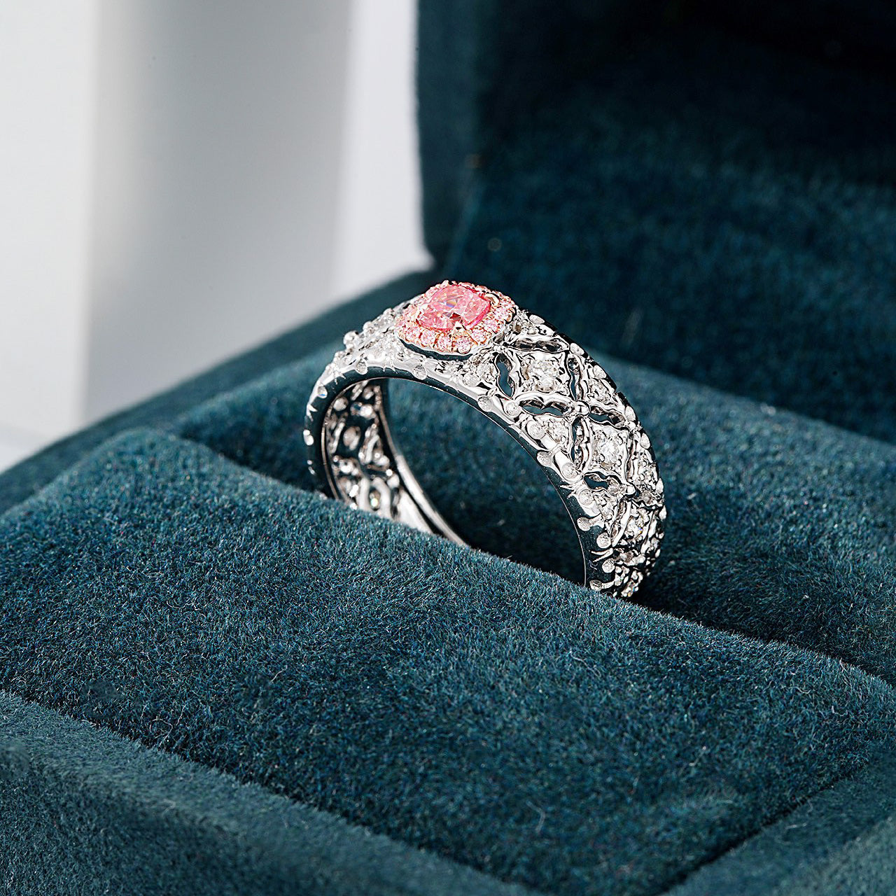 Cushion Cut Pink Diamond Vintage Inspired White Gold Band -In-Box Display