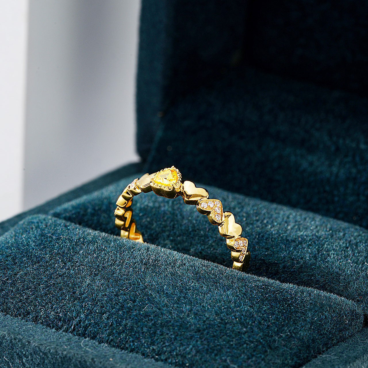 Heart Shaped Yellow Diamond Gold Band Ring -Perspective Close-up