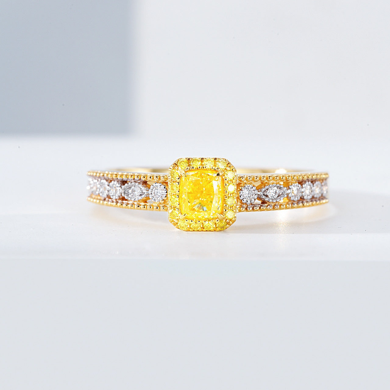 Cushion Cut Yellow Diamond Vintage Engagement Ring in 18K Yellow Gold -Front View