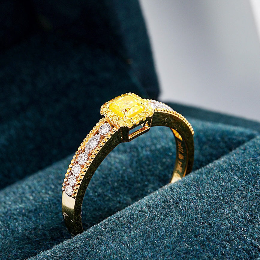 Cushion Cut Yellow Diamond Vintage Engagement Ring in 18K Yellow Gold -Perspective Close-up