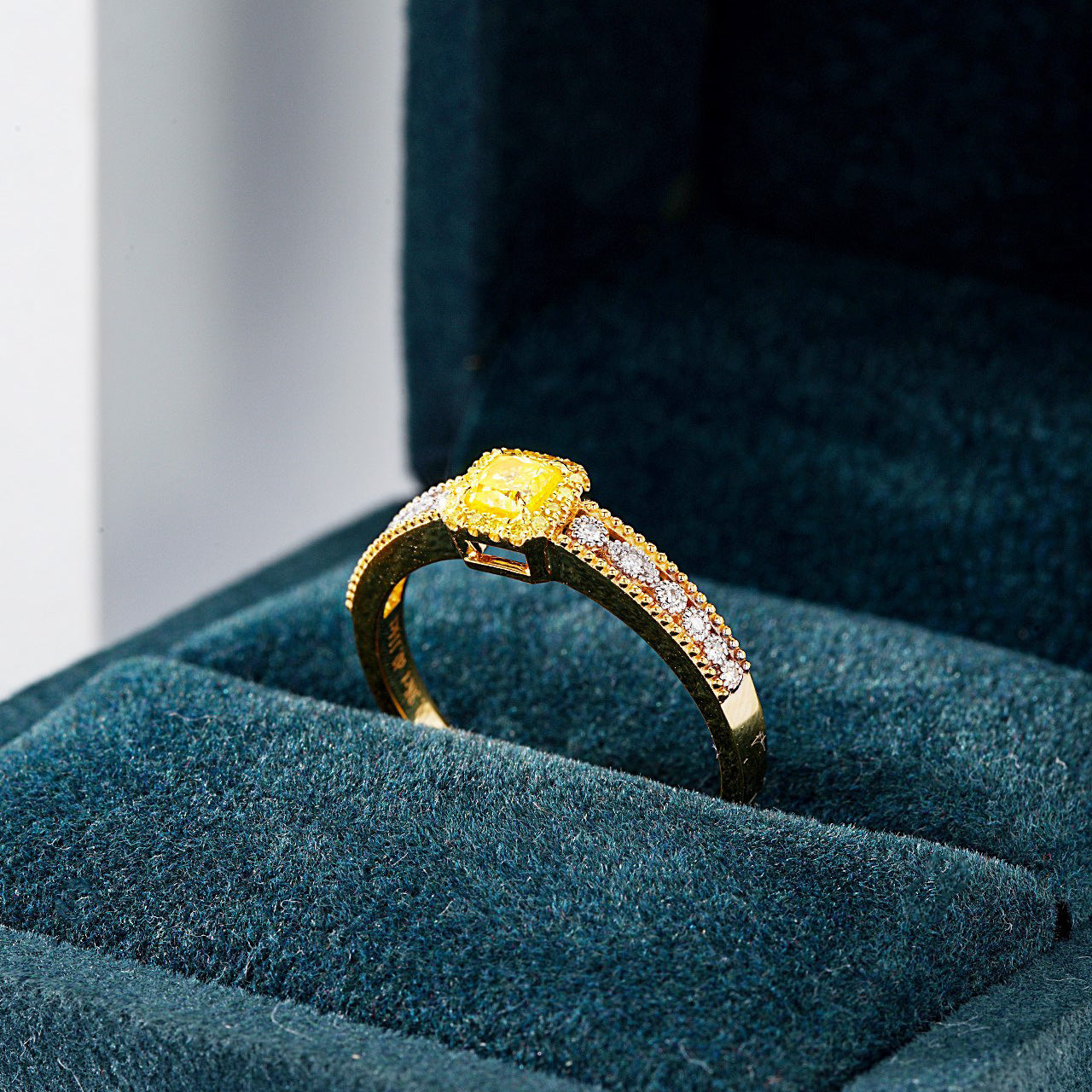 Cushion Cut Yellow Diamond Vintage Engagement Ring in 18K Yellow Gold -In-Box Display