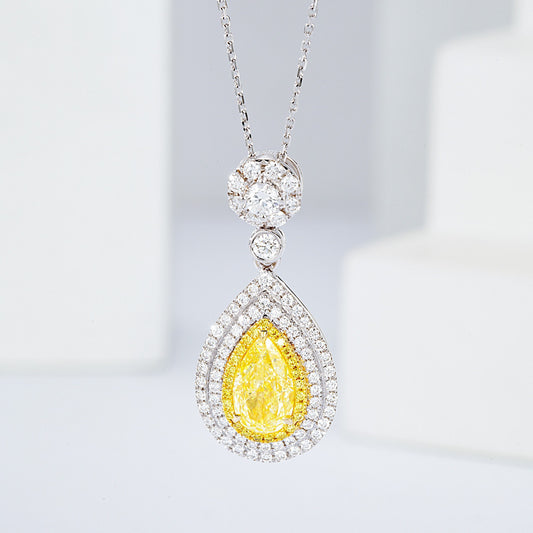 Pear Shaped Yellow Diamond Double Halo Pendant in 18K White Gold