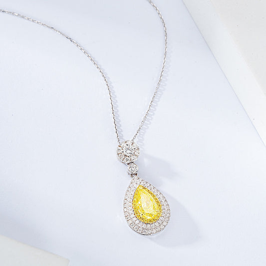 Pear Shaped Yellow Diamond Double Halo Pendant in 18K White Gold