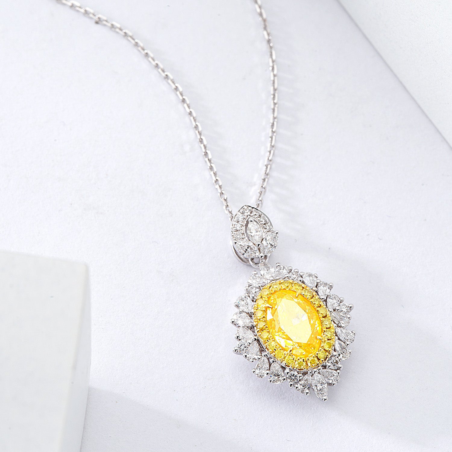 Oval Cut Yellow Diamond Designer Pendant with Pear Cut Diamond Halo -Side Angle