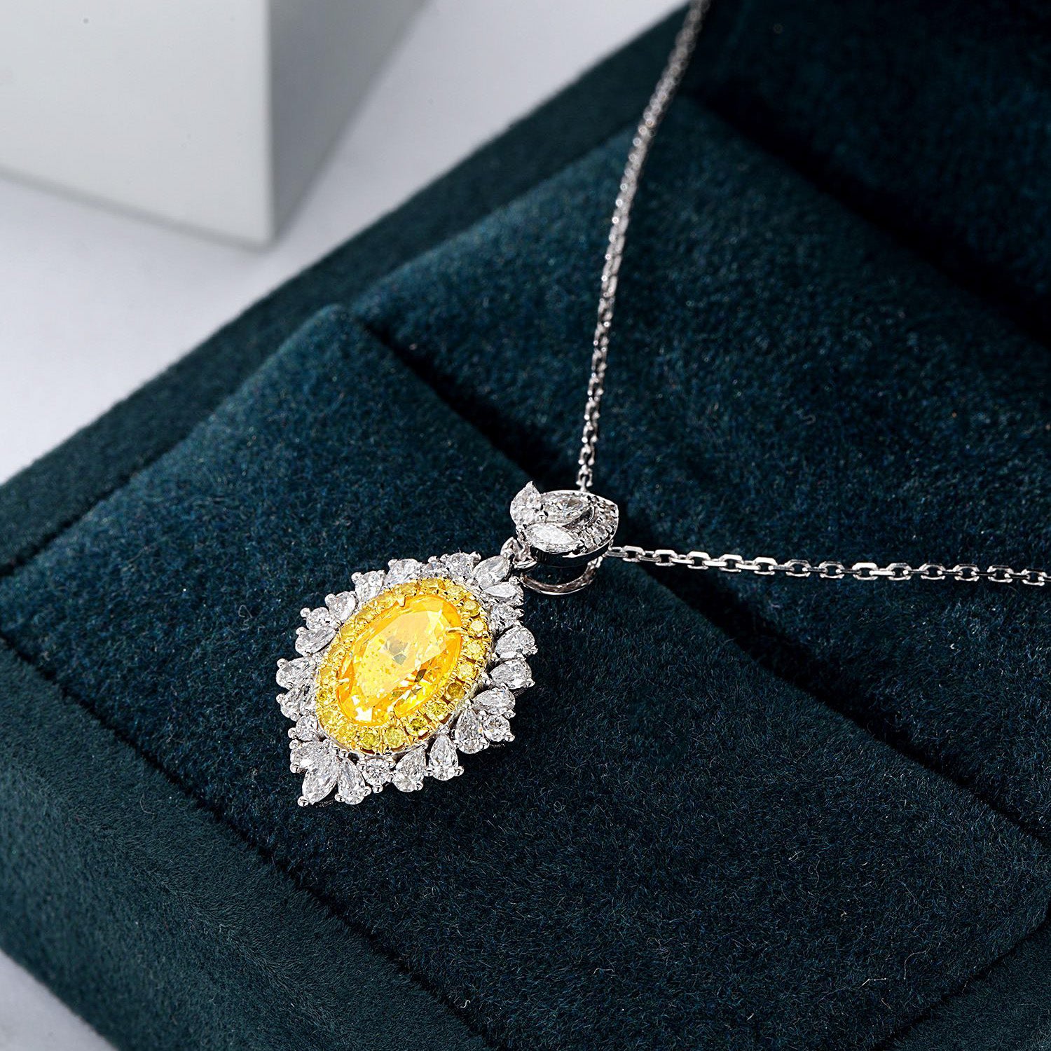 Oval Cut Yellow Diamond Designer Pendant with Pear Cut Diamond Halo -In-Box Display