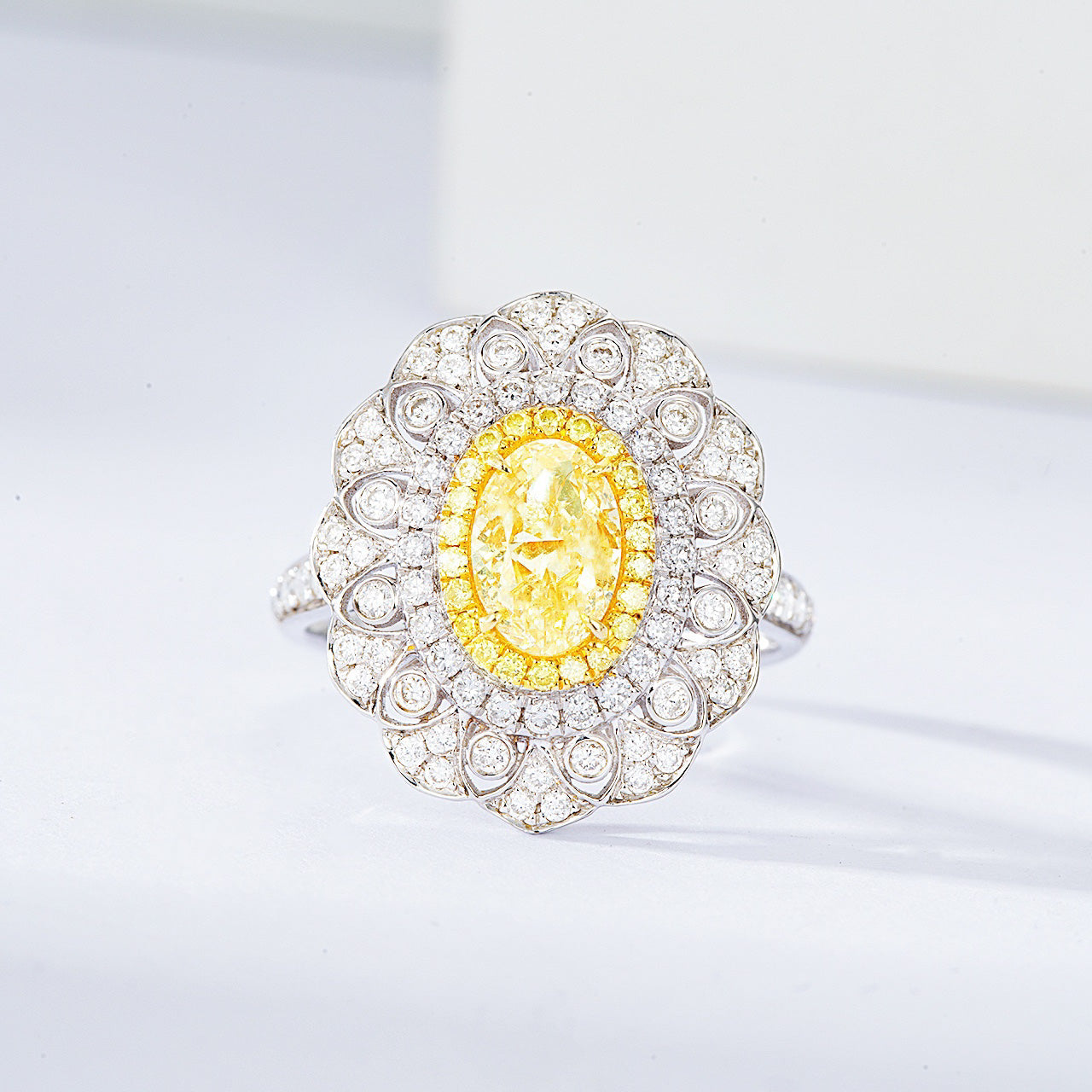 Oval Yellow Diamond Engagement Ring with Floral Halo Design -Front View