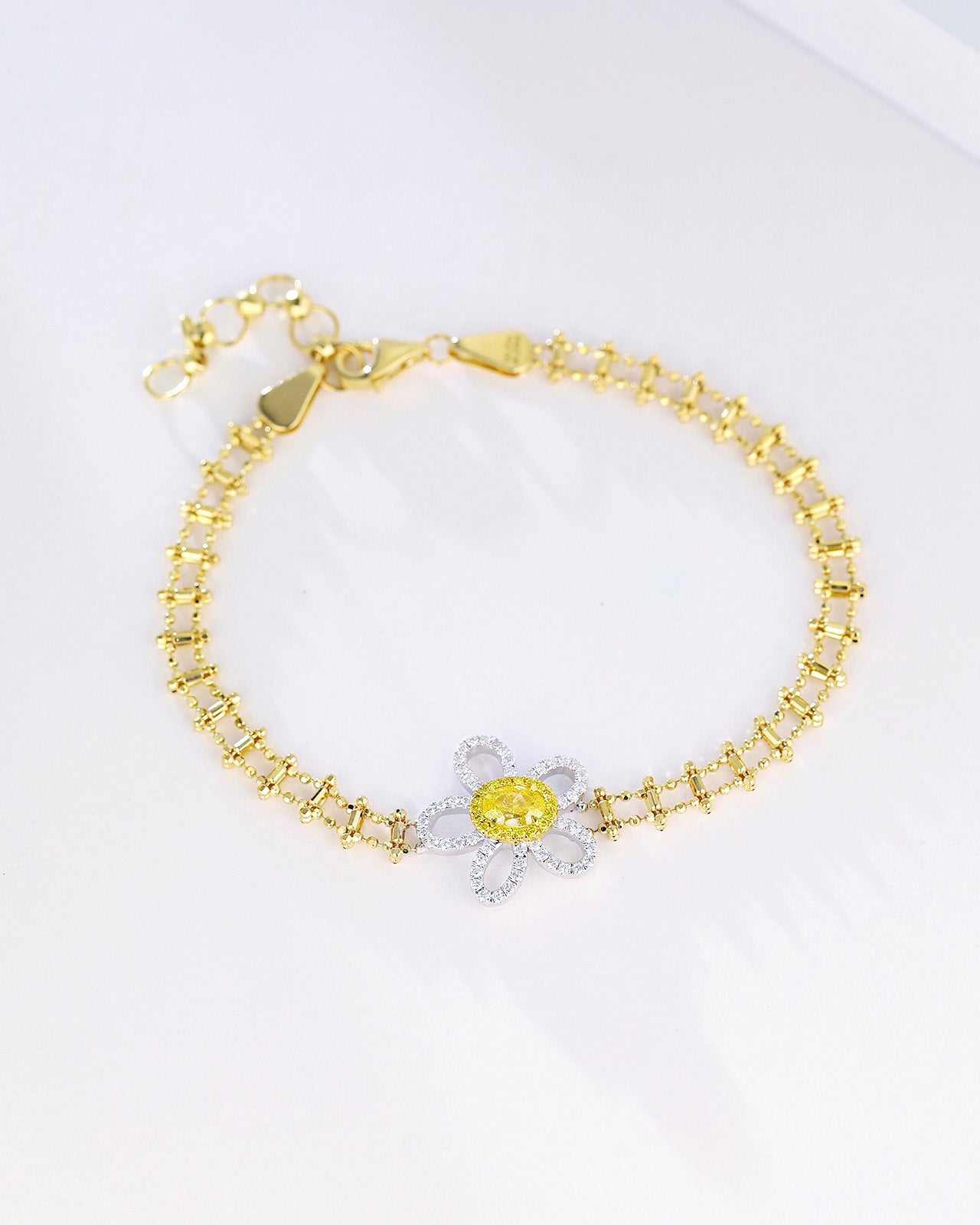 Oval Cut Yellow Diamond Flower Bracelet in 18K Yellow Gold -Front View