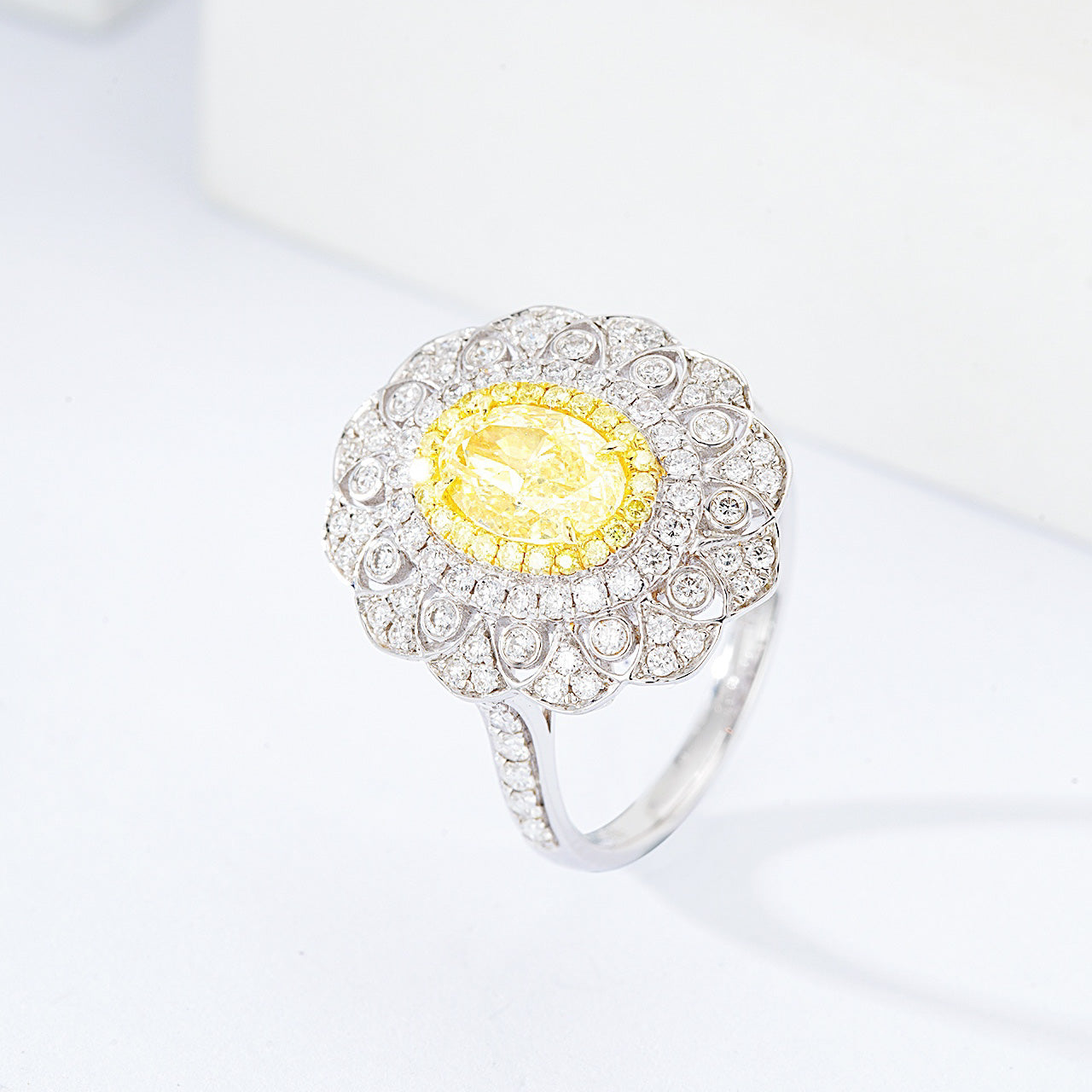 Oval Yellow Diamond Engagement Ring with Floral Halo Design -Side Angle