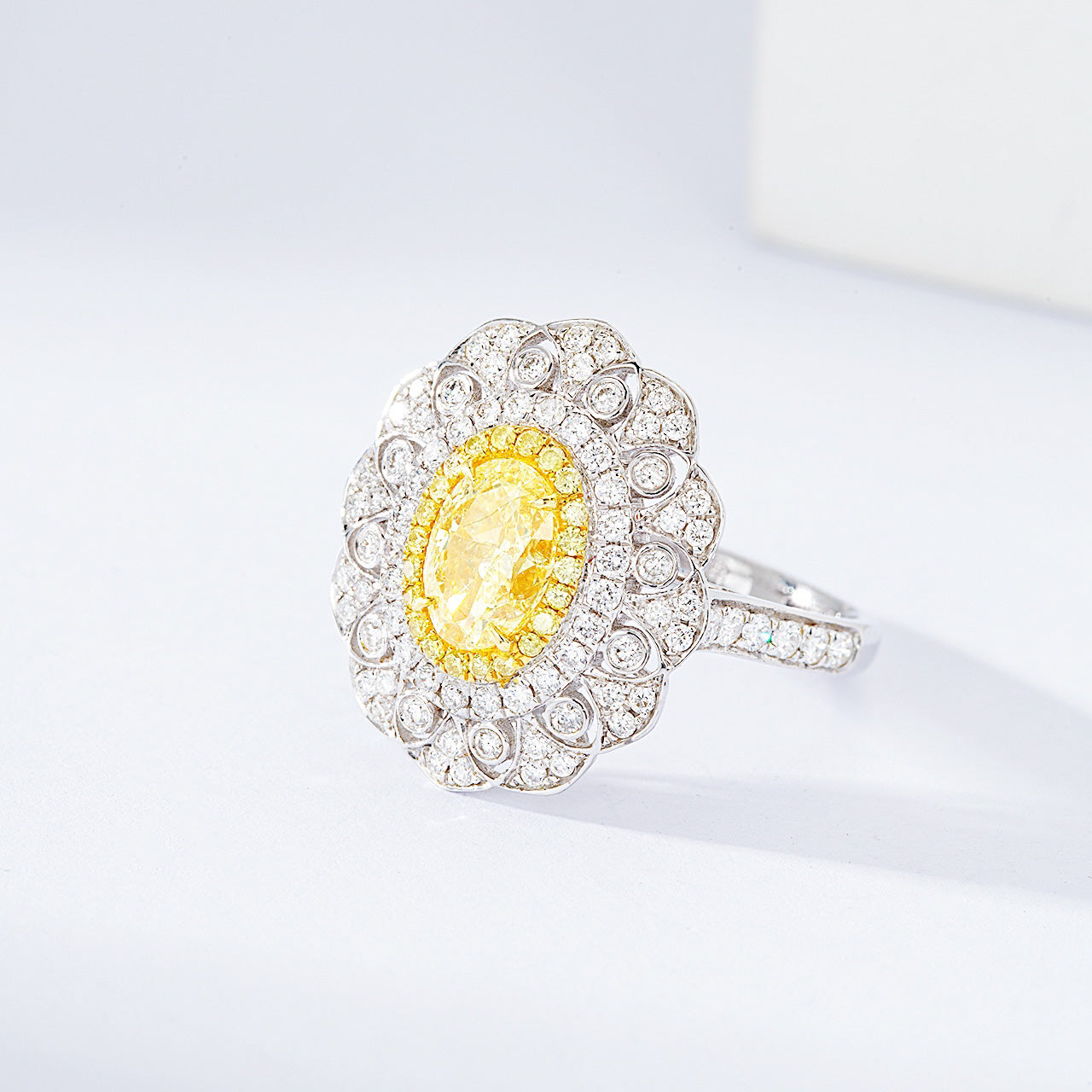 Oval Yellow Diamond Engagement Ring with Floral Halo Design -Top View