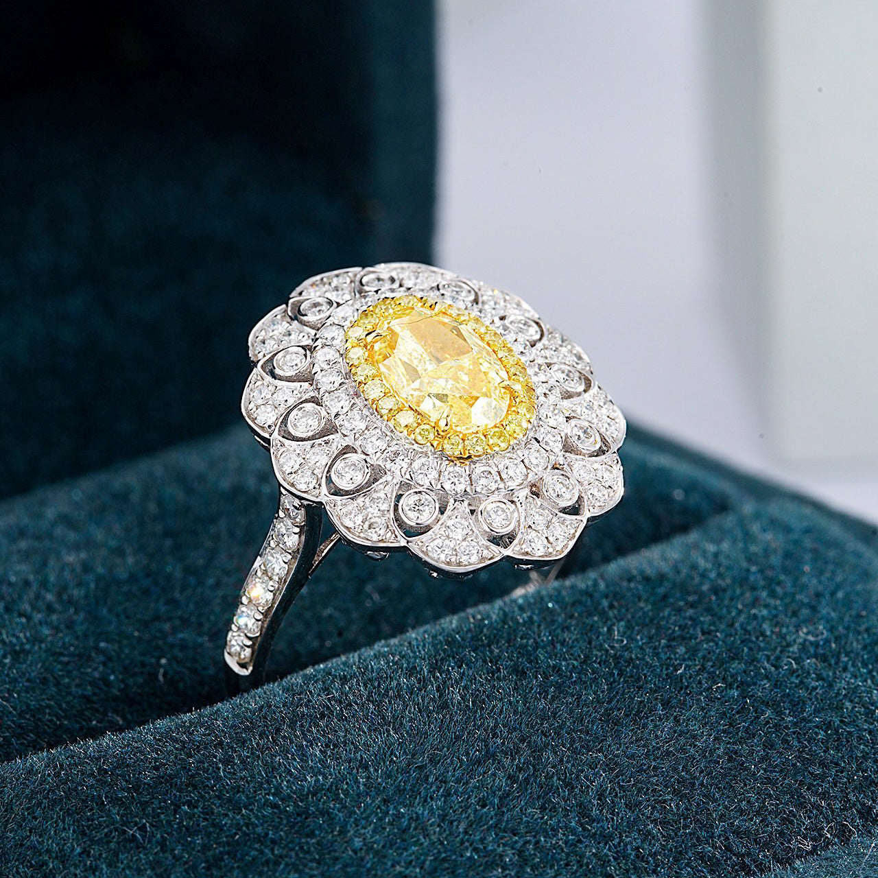 Oval Yellow Diamond Engagement Ring with Floral Halo Design -Perspective Close-up