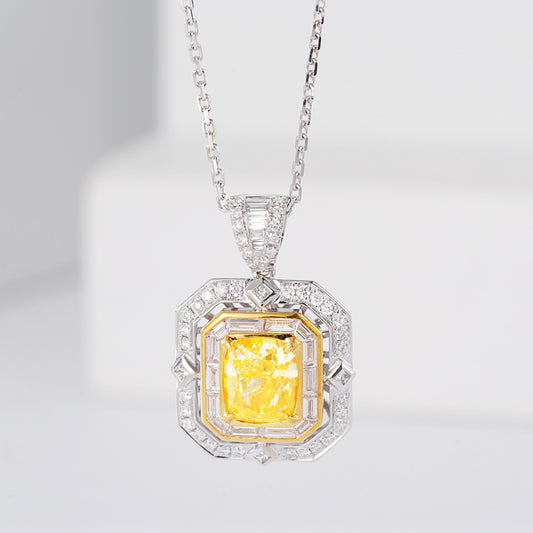 Cushion Cut Yellow Diamond Pendant with Baguette Diamond Intricate Setting