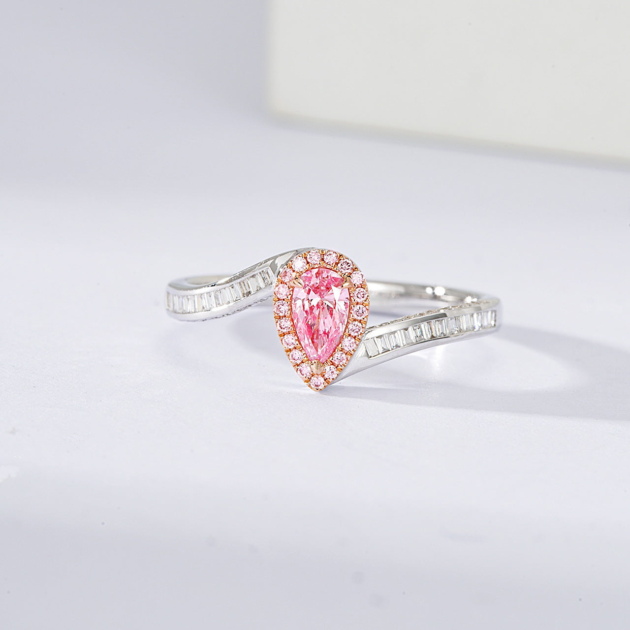 Pear Shaped Pink Diamond Ring with Baguette Cut Diamond Band -Front View