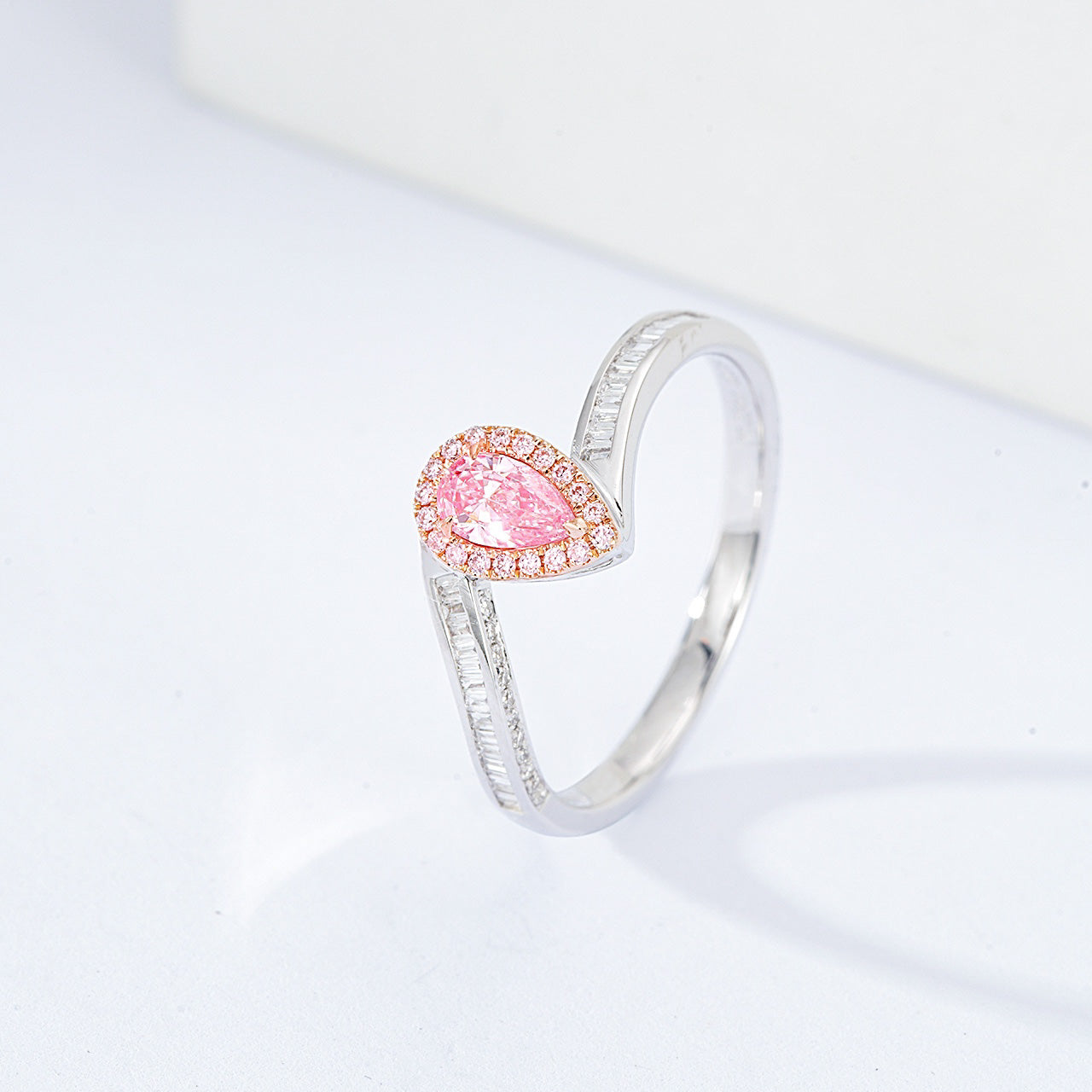 Pear Shaped Pink Diamond Ring with Baguette Cut Diamond Band -Side Angle