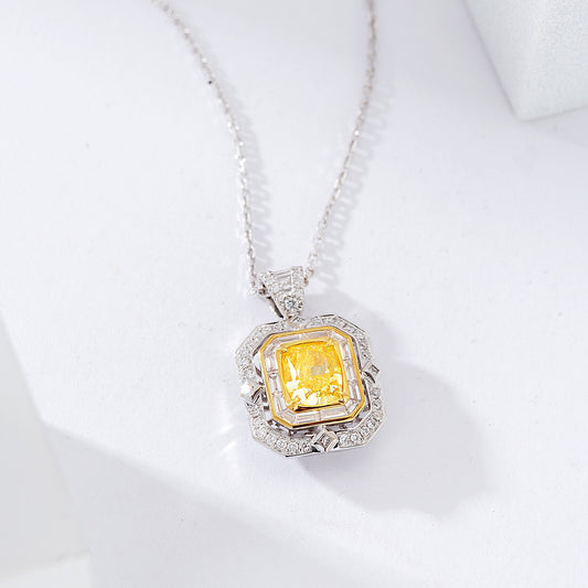 Cushion Cut Yellow Diamond Pendant with Baguette Diamond Intricate Setting