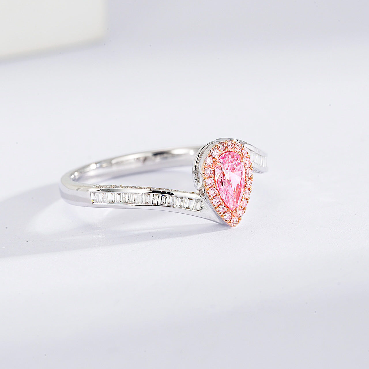 Pear Shaped Pink Diamond Ring with Baguette Cut Diamond Band -Top View