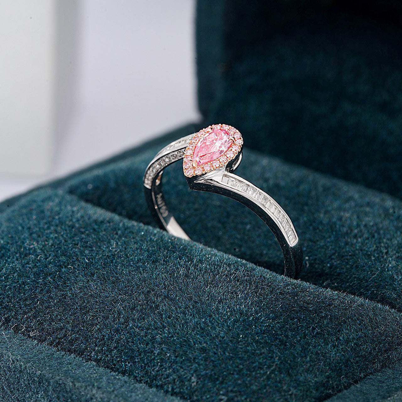 Pear Shaped Pink Diamond Ring with Baguette Cut Diamond Band -In-Box Display